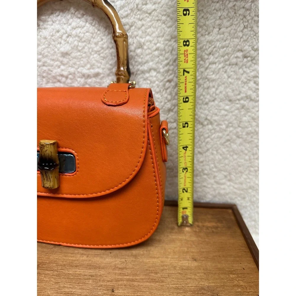 Top Handle Crossbody Purse‎ Bag Orange Faux Bamboo Handle Faux Leather Shoulder